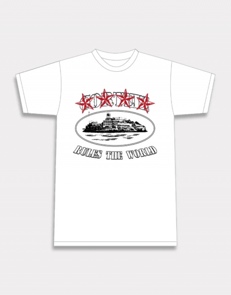 White Corteiz 4starz Alcatraz T-shirts | 0192FJZIX